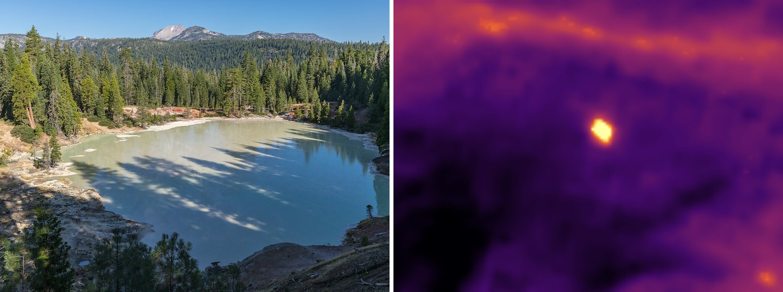 Photo and Landsat thermal view of Boiling Springs Lake
