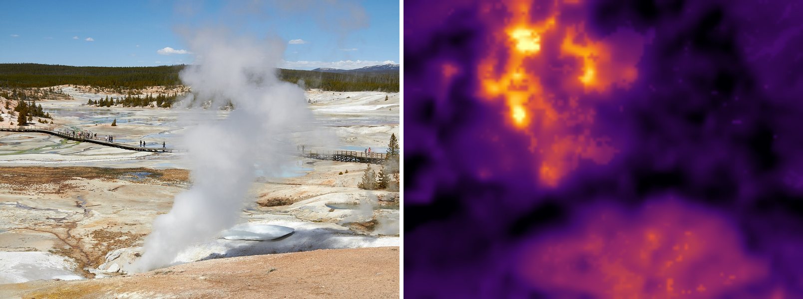 Photo and Landsat thermal view of Norris Geyser Basin