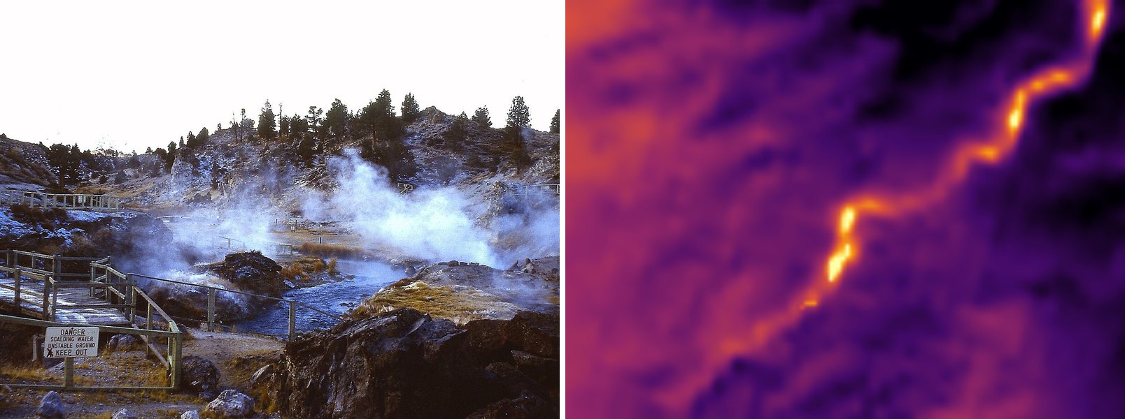 Photo and Landsat thermal view of Hot Creek Gorge Springs