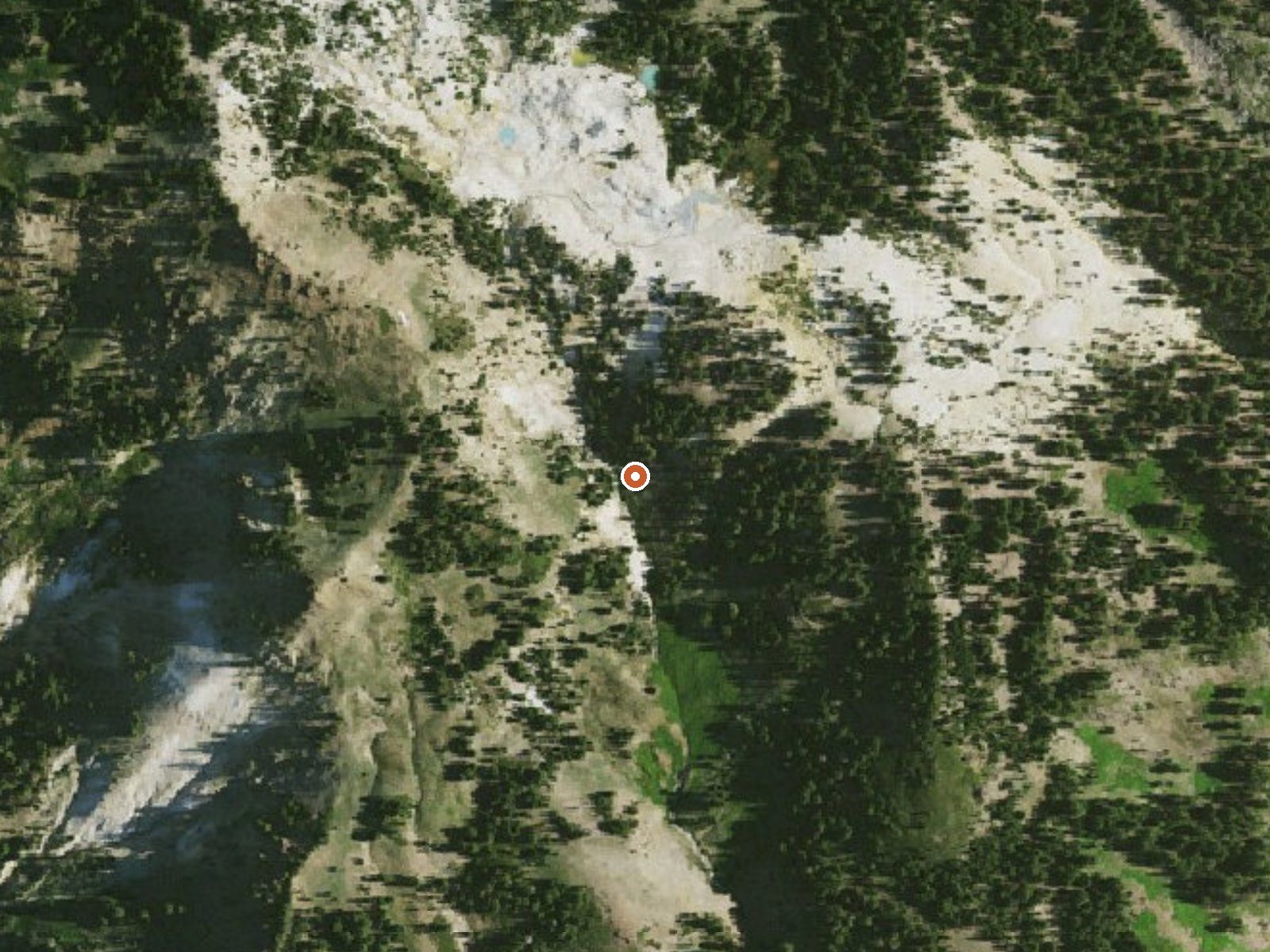 Aerial view of the ground around Bumpass Hell