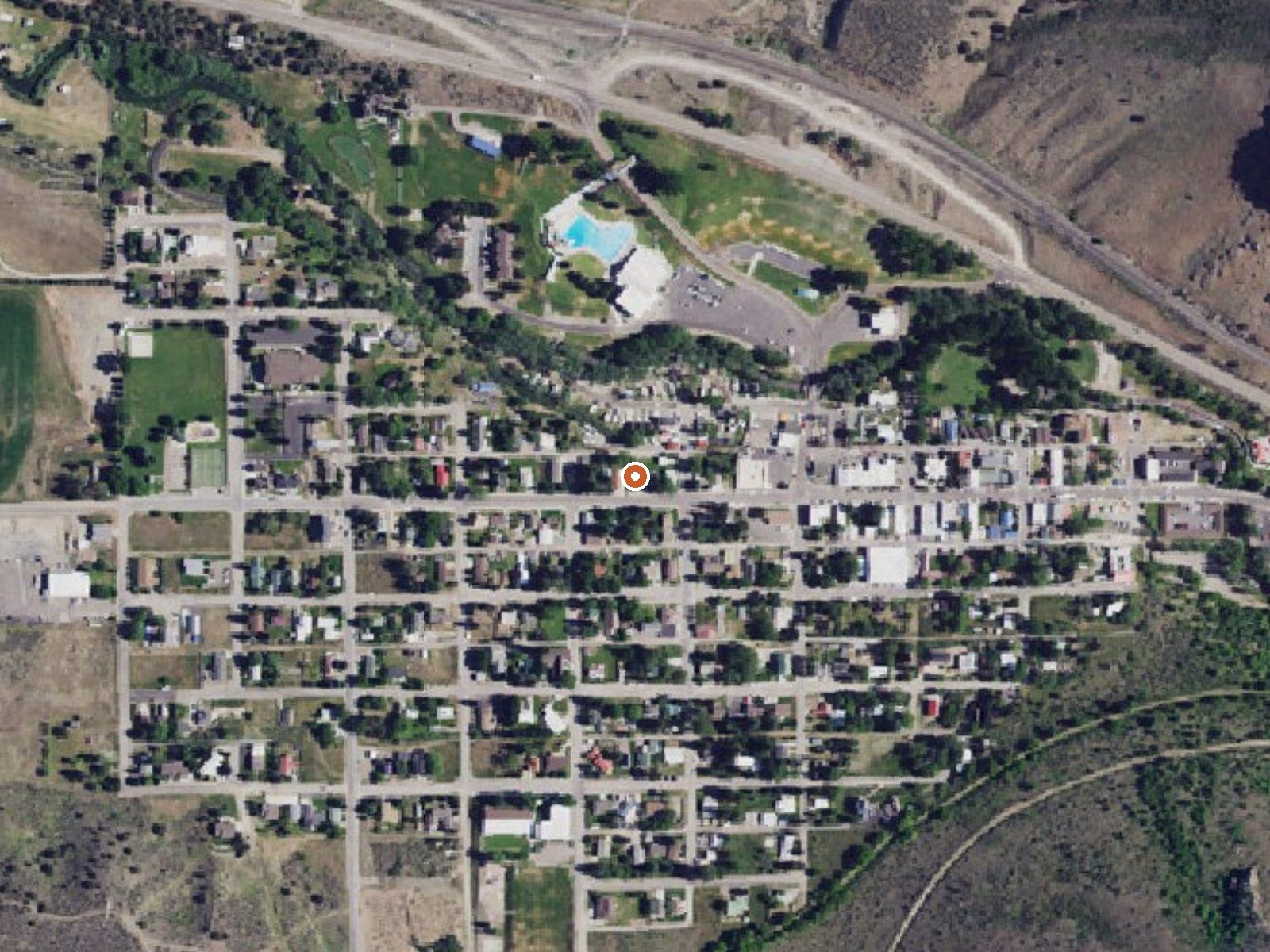 Aerial view of the ground around Lava Hot Springs (Thermal Mineral Springs)