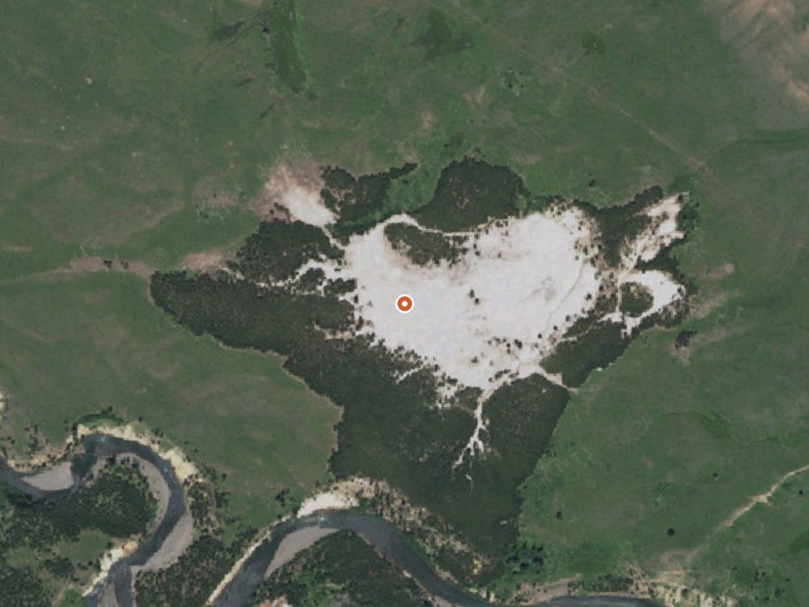 Aerial view of the ground around Hot, On Lamar River
