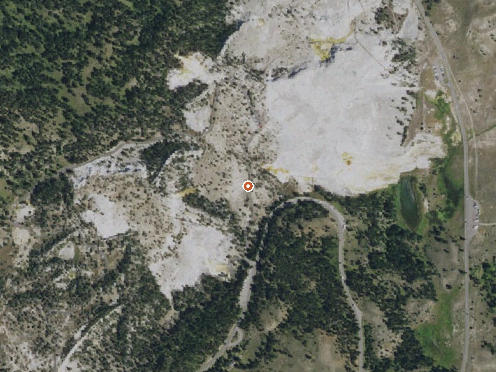 Aerial view of the ground around Mammoth Hot Springs